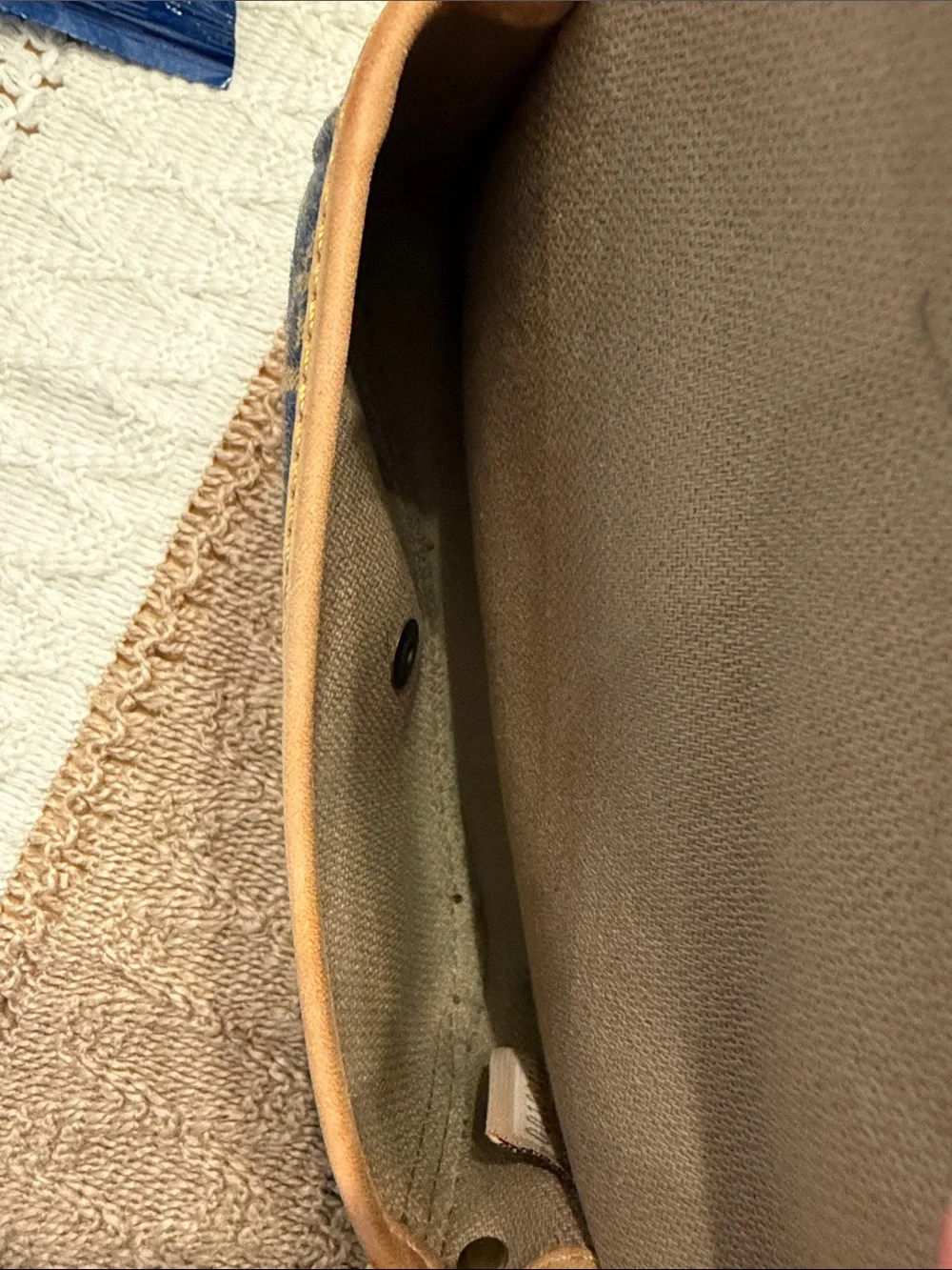 Dooney & Bourke Denim Monogram Wristlet with Tan Leather Trim